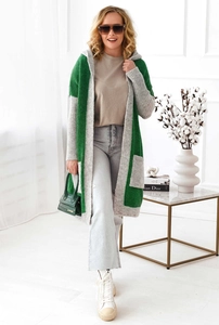 Detail of a color-block hooded knit cardigan with large pockets in green and grey colors