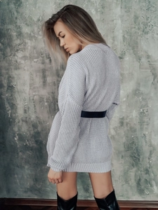 Women's light purple oversized knit cardigan with black belt and loose dropped sleeves