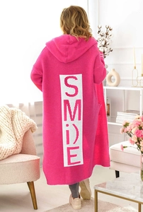 Detail view of the rose pink hooded cardigan showing the SMILE back print and knit texture
