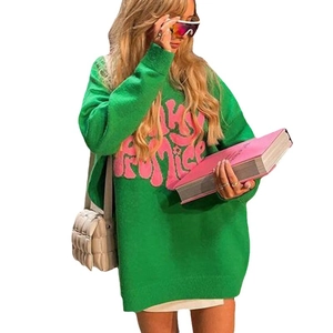 Oversized green knit sweater featuring pink Lucky Promise lettering for women