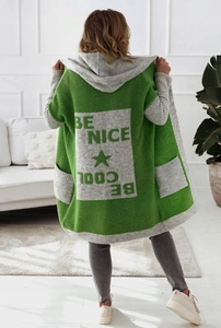 Detail of hooded knit cardigan back featuring contrast panels and Be Nice Be Cool graphics