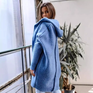Blue hooded knit cardigan with long sleeves and loose fit casual sweater style