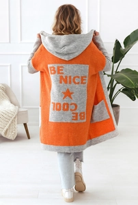 Detail view of orange and grey knit cardigan with BE NICE BE COOL jacquard back pattern