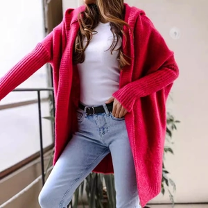 Rose red hooded knit cardigan with drop shoulders and mid-length loose fit for women