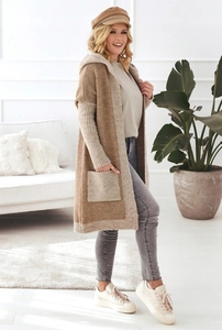 Detail of color-block hooded cardigan with ribbed cuffs and large square pockets