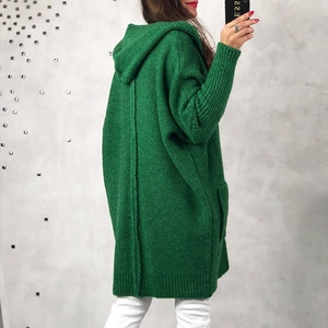 Women long hooded chunky knit cardigan with pockets in casual loose fit green style