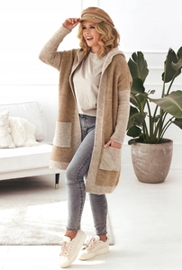 Detail view of hooded knit cardigan with color block pockets and ribbed texture