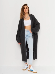 Detail of dark grey chunky knit cardigan with drop shoulder and textured fabric