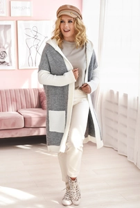 Detail of loose-fit hooded knit cardigan in grey and white patchwork design