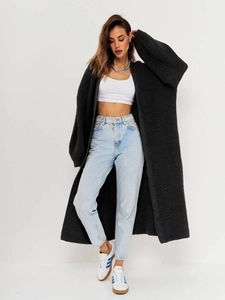 Full view of long black chunky knit cardigan for women with an open front and drop shoulders
