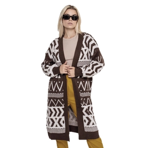 Long knit cardigan with coffee brown geometric patterns and loose autumn fit