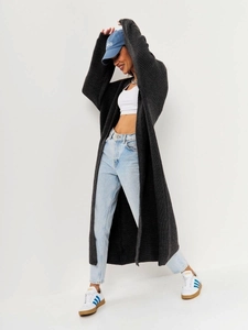 Deep grey long knit cardigan with drop shoulders and a loose casual fit for women