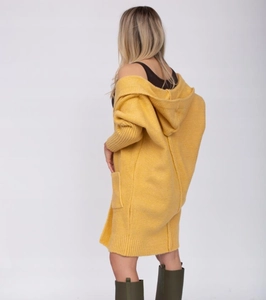 Back view of a long mustard yellow knit cardigan with a large hood and oversized side pockets