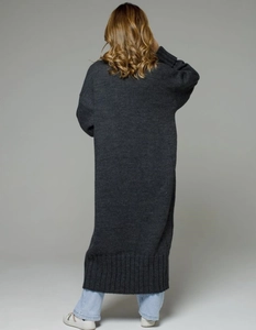 Detailed back view of dark grey chunky knit cardigan with ribbed hem and oversized fit