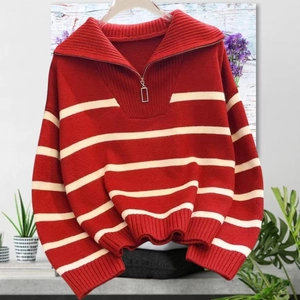Red and white striped half-zip knit sweater with lapel collar for women in autumn