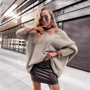 Women's oversized V-neck knit sweater in khaki, street style loose fit fall pullover