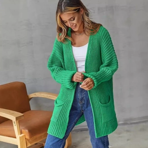 Loose knit grass green cardigan sweater with large pockets for women in autumn style