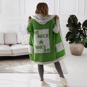 Women Casual Hooded Knit Cardigan Loose Mid Length Sweater Coat Sheep Cashmere Blend Patchwork Letter Star Pattern Outwear