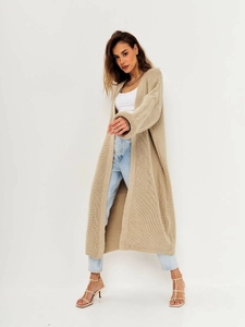 Detail of loose beige long knit cardigan with ribbed cuffs and open front design