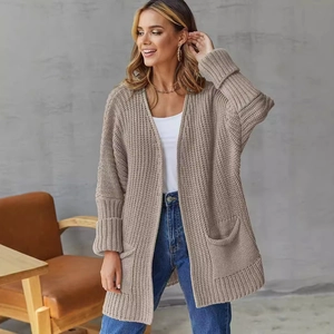 Oatmeal knit cardigan for women with open front and large side pockets in mid-length