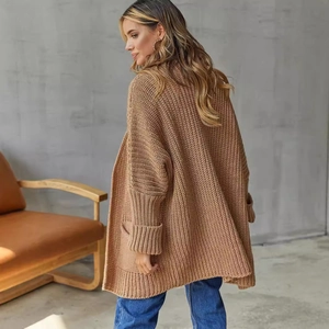 Loose camel oversized knitted cardigan sweater for women in a long casual open-front style