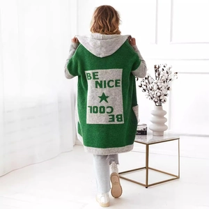 Green and grey hooded knit cardigan with Be Nice Be Cool jacquard pattern on the back