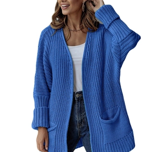 Women's royal blue chunky knit long cardigan sweater with pockets and loose fit