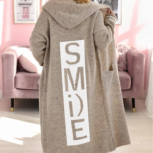 Cardigan da Donna Oversize con Cappuccio in Maglia Smile Stampa Lettere Cappotto in Maglia Aperto Lungo con Tasche Casual Caldo