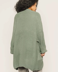 Rear view of a sage green oversized long knit cardigan featuring a coarse ribbed texture