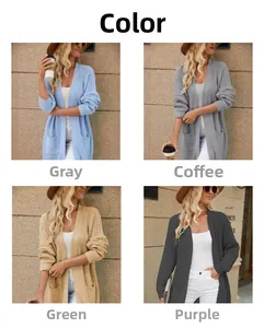 Detail view of women long knit cardigan showing textured vertical stripes and cable patterns