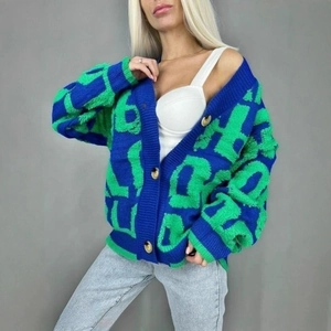 Cardigan en Maille Large pour Femmes Pull Lettres Jacquard Col en V Boutonné Décontracté Manches Longues Automne Hiver Chaud Haut