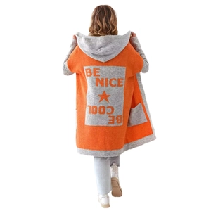 Women's knit hooded cardigan in grey and orange color-block with Be Cool slogan