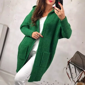 Emerald green hooded long knit cardigan with open front and large pockets for women