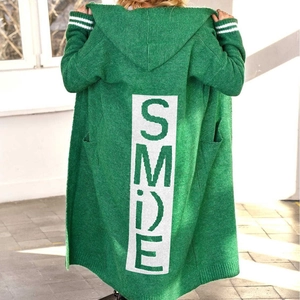 Women Oversized Long Knit Cardigan Sheep Cashmere Blend Hooded Sweater Jacket Smile Letter Back Detail Casual Outerwear