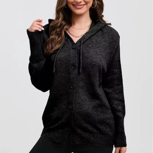 Women's black hooded knit cardigan with button closure and drawstring details