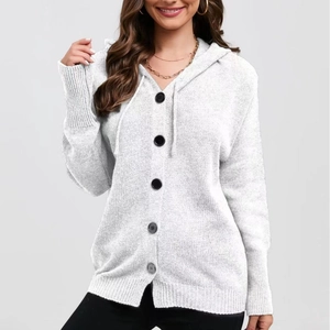 Women's white hooded knit cardigan with contrast black buttons and ribbed cuffs