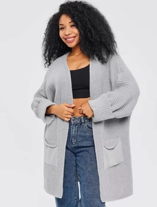 Detail of light grey knit cardigan showing large pockets and textured oversized fit