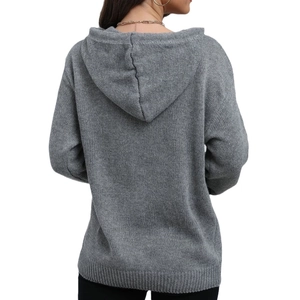 Back view of women's grey hooded knit cardigan with ribbed hem and drawstring hood