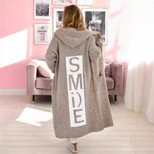 Oatmeal knit long cardigan with hood and SMILE graphic print on back for women