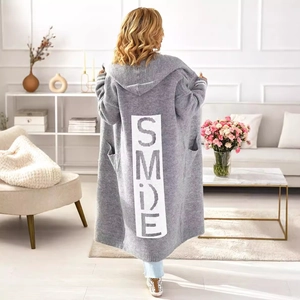 Women long grey hooded knit cardigan sweater with Smile print on back view