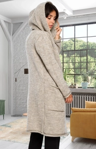 Cozy oatmeal hooded knit cardigan with large side pockets and relaxed longline fit