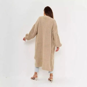 Oatmeal thick knit long cardigan with lantern sleeves and textured chunky weave finish