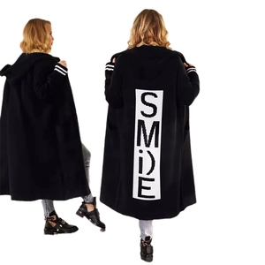 Women's black knit hooded cardigan with SMILE print on back and striped cuffs