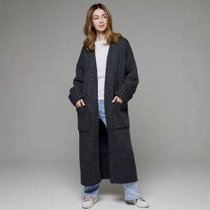 Women's dark grey oversized knit cardigan sweater with long sleeves and large side pockets