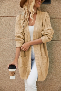 Detailed close-up of chunky knit texture and large pocket on a long camel cardigan