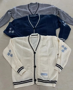 Detail of V-neck knitted cardigans with star embroidery patches and striped ribbed cuffs