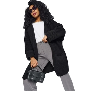 Women's black chunky knit longline cardigan with large pockets and ribbed cuffs