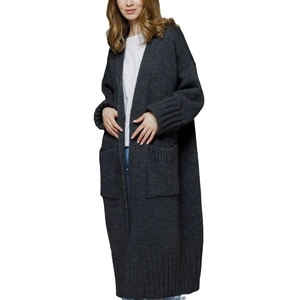 Loose dark grey long knit cardigan with rolled sleeves and large front pockets