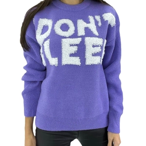 Purple crewneck sweater with 'DON'T SLEEP' white towel embroidery for women's street style