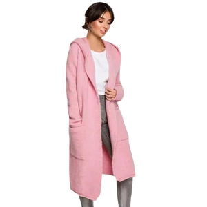 Women's long light pink hooded knit cardigan with large side pockets in a loose fit